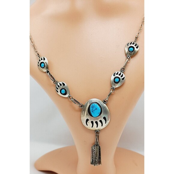 NAVAJO Bear Paw Shadow Box Turquoise W/Dangle Feathers Silver 925 Necklace - Picture 1 of 11